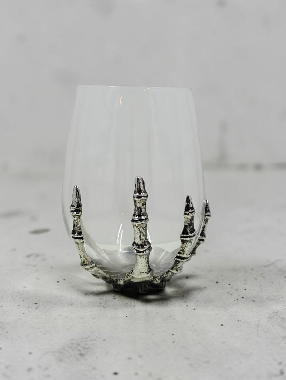 Pottery Barn Silver Skeleton Stemless Wine Glass Hand Blown Halloween 14oz